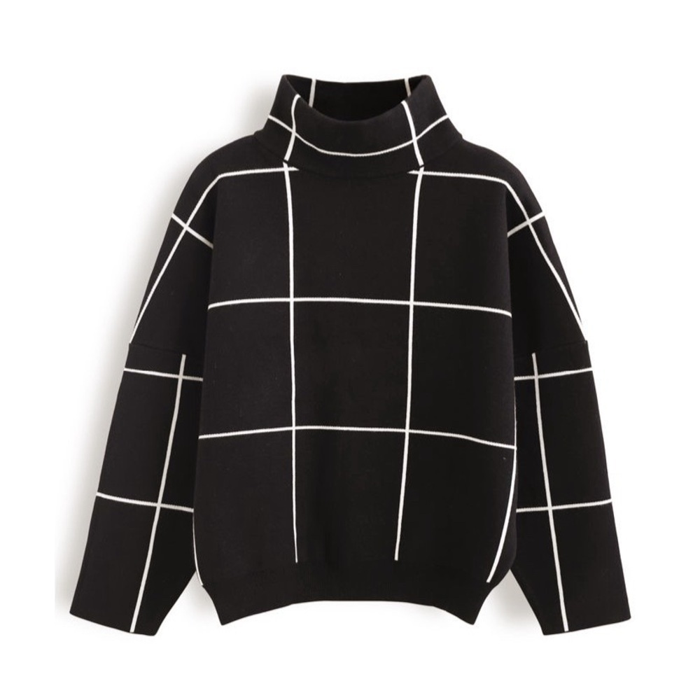 CHICWISH | Grid Turtleneck Wool Blend Sweater in Black | S/M